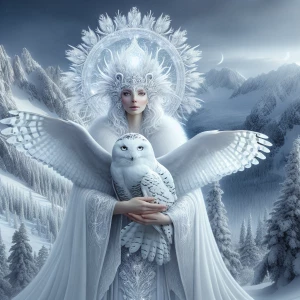 A majestic, ethereal white Owl Goddess, her form radiating a sof...