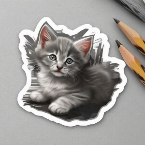 Create a sticker pack for me featuring a cute gray-and-white kit...