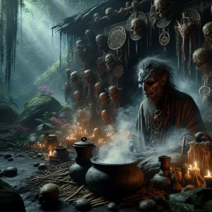 "In the depths of the mist-laden jungle, the evil shaman lurks w...