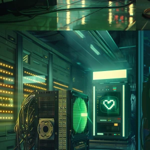 A photorealistic scene from a 1970s data center. An anthropomorp...