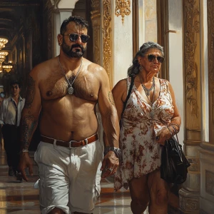 Hyperrealism style HD art.A sweaty beefy muscular man  walking w...