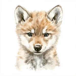 Simple style, watercolor illustration, wolf cub
 looking forwar...