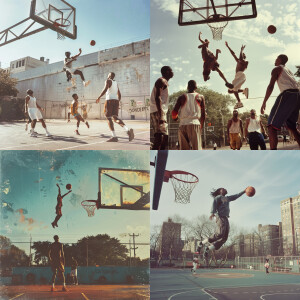 Vintage realistic photo of basketball street court, black people...