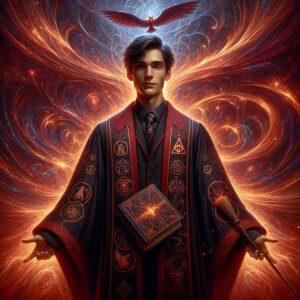 A young wizard stands tall, clad in robes reminiscent of Hogwart...