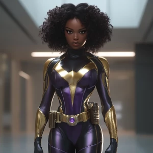 Capture a wide camera angle of a superheroine standing in an emp...