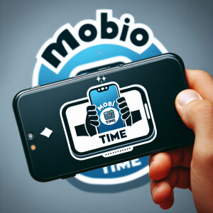 Create a realistic logo with the text "MOBI TIME" and a picture...