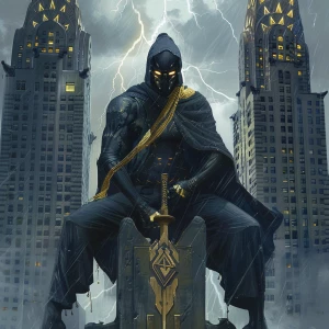 /imagine prompt: Crouched manga-style mystic on a rain-slick gar...