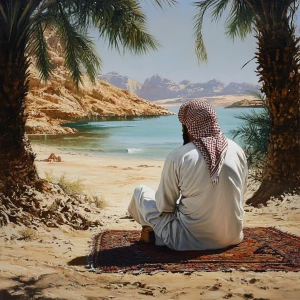 Ein arabischer Mann der eine Jellaba trägt sitzt vor einer Oase...