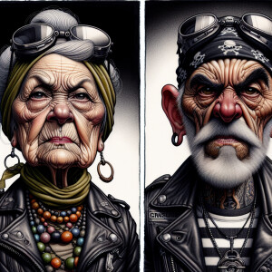 Expressive Pixar-style cartoon of a seventy-year-old Harley lady...