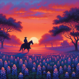 "Depict a serene landscape at sunset in rural Texas, with a focu...