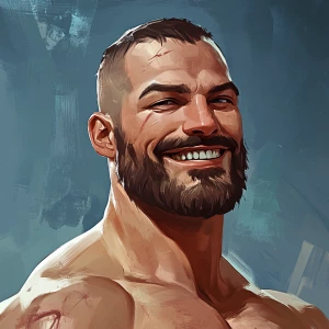 White muscular thin man with beard, big chin, smile and cheekbon...