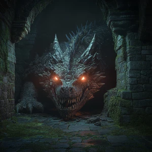 A detailed, intimidating dragon with glowing eyes and sharp scal...