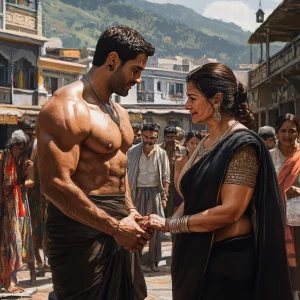 Photorealsim ,hyperrealism, a muscular, sweaty criminal man  gre...