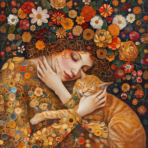 Create an image of a stunning woman adorned with flowers in her...