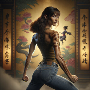 Athletic Thin skinny Attractive, Asian teenage girl, long brown hair and bangs, wearing tight skinny jeans and a halter top paint marks on her clothing, heroic pose Asian graffiti background, backside view