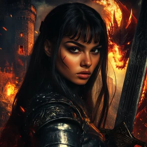 Design an image featuring a stoic female knight in medieval armor, posing heroically with a sword, against a backdrop of a fire-breathing dragon and a majestic castle. She has long, straight black hair with bangs, dark expressive eyes emphasized by eyeliner and eyeshadow, and arched, well-defined eyebrows. Her fair to medium skin tone is complemented by a warm, friendly smile with dimpled cheeks, a straight, well-proportioned nose, and full lips. The knight brandishes a shield, defending against the dragon's fiery onslaught, embodying the essence of a brave warrior engaged in battle.