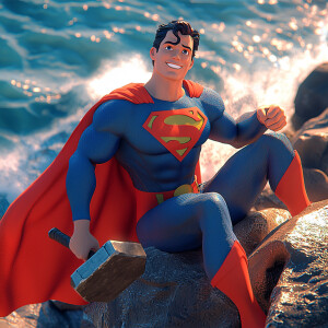 Create a 3D anime-style scene featuring Superman, the iconic sup...