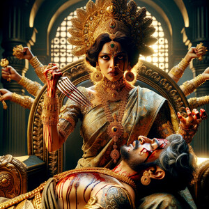 portrait of angry looking goddess durga cosplayer sitting on a gold crown and carrying a weak mahishasur cosplayer on her lap and she is stabbing his belly  with her amazing long fingernails. She is wearing gold armor, a huge gold crown, gold saree, abundant  gold jewelry, covered in blood. The scene is set in ancient India. The image is 8K resolution, photography, cinematic, ultra detailed face and epic