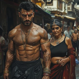 Hyperrealism fantasy photo , a muscular, sweaty criminal man wal...