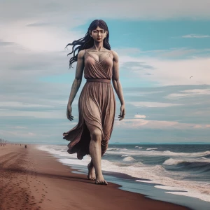 An asian Giantess walking towards the camera while at the beach