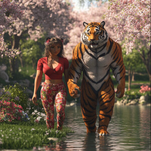 A muscular anthropomorphic male tiger in a tight cherry-red shor...