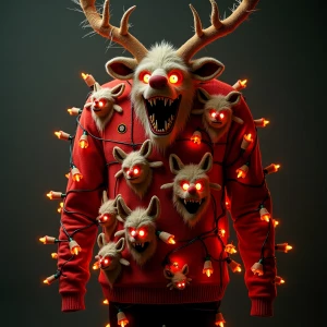 "A grotesque Christmas sweater adorned with tangled strings of f...