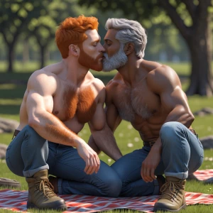 Generate an image depicting two realistic men having a picnic in...