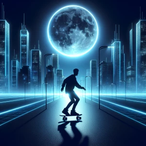 A shadowy figure skateboarding through an abandoned urban landsc...