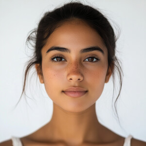 Portrait of a charming 19-year-old woman with a clean face, show...