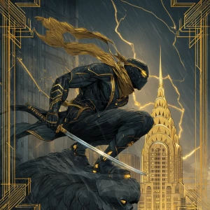 A masked vigilante ninja in a crouching pose perched atop an ove...