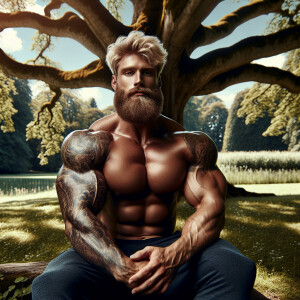 a powerful and self-assured white bodybuilder sporting a strikin...