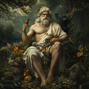 Design an image of Zeus reimagined in a cottagecore aesthetic, w...