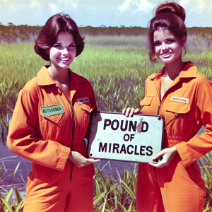 Generate a faded film photograph from 1973 in the Everglades. Tw...