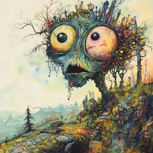 A grotesque figure looms over a whimsical watercolor landscape,...