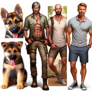 Two cute puppy dogs German Shepherd, a man, toned body blonde ha...