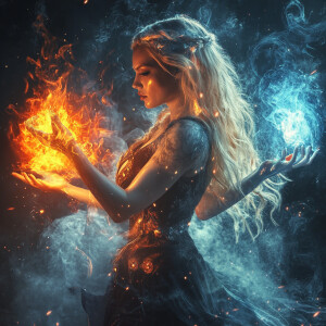 A powerful witch conjuring both fire and ice with her hands simu...