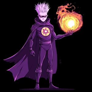Create an image of a cartoon superhero with a white face and pur...