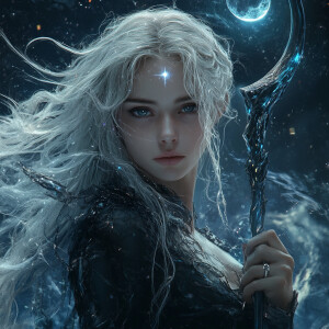 Selene.m, witch of Lunar Faces. Create a hyperrealistic digital...