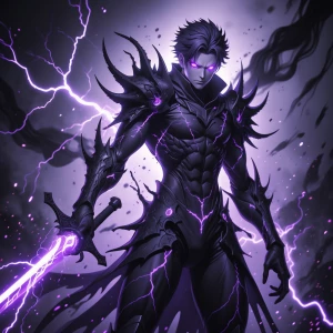 a dark, anime-style character with a menacing aura, surrounded b...