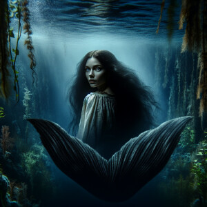 A mermaid with pale skin and cold eyes. Long dark hair. A big ta...