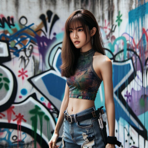 Very thin Athletic Thin skinny Attractive, Asian teenage girl, long brown hair and bangs, wearing tight skinny jeans and a halter top paint marks on her clothing, sitting side view heroic pose Asian graffiti