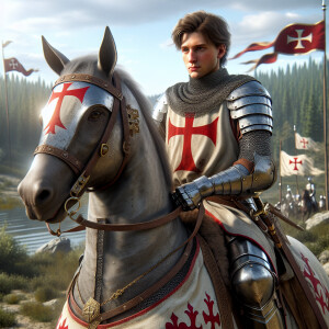 Create a image of Sir Roland a young Templar Knight, riding a ho...