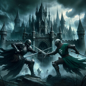 Black knight sword fighting a green knight in front of a undead...