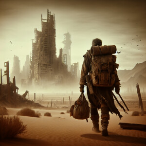 A lone explorer in a post-apocalyptic desert landscape. The expl...