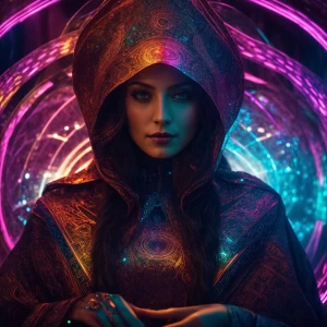 In a digital landscape of pulsing shadows and ethereal lights, a...