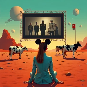 retro cinematic painting, 1970s sci-fi movie poster style, warm...
