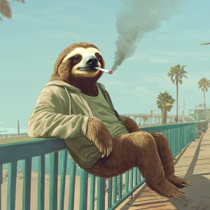 Sloths slerf meme..leaning on boardwalk railing smoking a cigare...