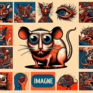 A cartoonish rat fink with bulging eyes in a surrealism tattoo s...
