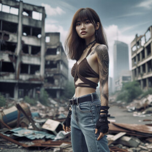 Thin Asian teen girl wearing tight jeans and a halter top Long brown hair and bangs, tattoos on her arms, athletic heroic pose