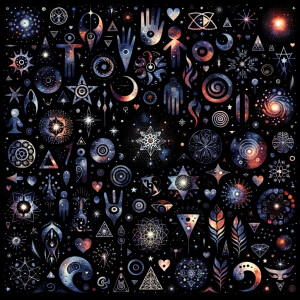 Black background scattered with watercolor celestial designs fil...